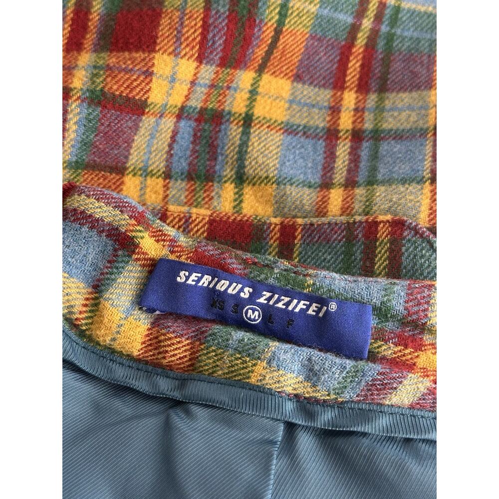 Serious Zizifei Womens Blue Yellow Red Tartan Wool Plaid A-Line Skirt Pockets - Picture 8 of 8